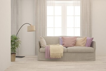 White living room with sofa. Scandinavian interior design. 3D illustration