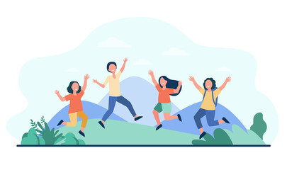 Group of cheerful kids playing outdoors. Children jumping and having fun outside, nature and mountain landscape in background. Vector illustration for childhood, party, summer vacation concept