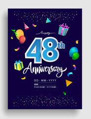 48th Years Anniversary invitation Design, with gift box and balloons, ribbon, Colorful Vector template elements for birthday celebration party.