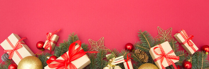 Fototapeta na wymiar Christmas decoration background. Christmas tree and holidays ornament. Copy space
