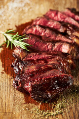 Close up of grilled Medium Rare Ribeye steak with salt cristals