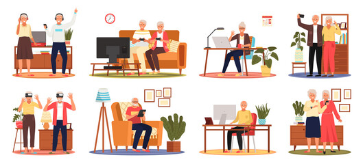 Old people play video game. Set of modern senior people with different gadgets. Oldster education on computer. Old progressive people use modern technology. Learning to use PC. Elderly couple gadgets