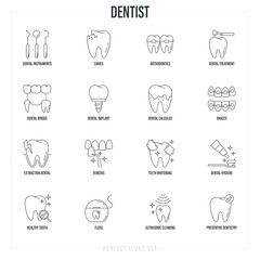 Dentist cabinet: dental instruments, toothbrush and toothpaste, caries, veneers, tooth whitening, implant, calculus, ultrasonic cleaning, orthodontics. Thin line icons set, vector illustration.