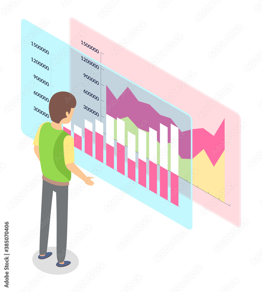 Poster a man stands and looks at a large multi-colored bar chart and area chart. the research of informatio