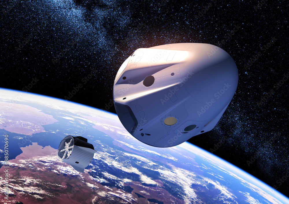 Wall mural separation of the descent module from a private spacecraft on background of earth