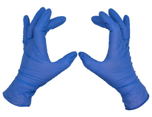 Hands wearing blue nitrile examination gloves held apart, fingers gently curled, palms together. ...