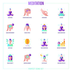 Meditation set: lotus pose, neurofeedback device, gyan mudra, balance, reduce stress, guided meditation, breathing practice, concentration, better sleep. Gradient flat icon. Vector illustration