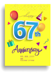 67th Years Anniversary invitation Design, with gift box and balloons, ribbon, Colorful Vector template elements for birthday celebration party.
