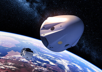 Separation of the descent module from a private spacecraft on background of Earth © 3dsculptor