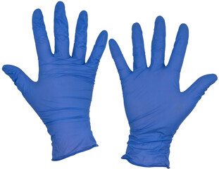 Isolated open hand wearing blue nitrile examination glove, fingers splayed and relaxed, thumb turned out. Front and back view