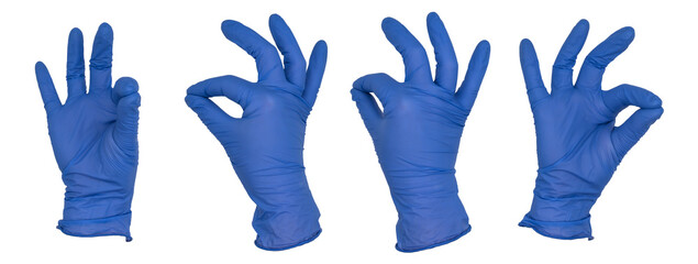 Hand wearing blue nitrile examination glove makes pinch gesture, with fingers fanned. Various angles