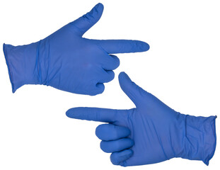 Hand wearing blue nitrile examination glove makes a pointing or finger guns gesture.  Thumb out