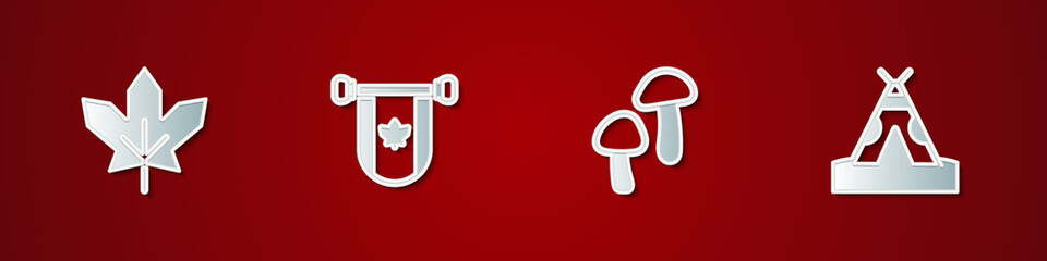 Set Canadian maple leaf, Pennant Canada, Mushroom and Indian teepee or wigwam icon. Vector. © vector_v