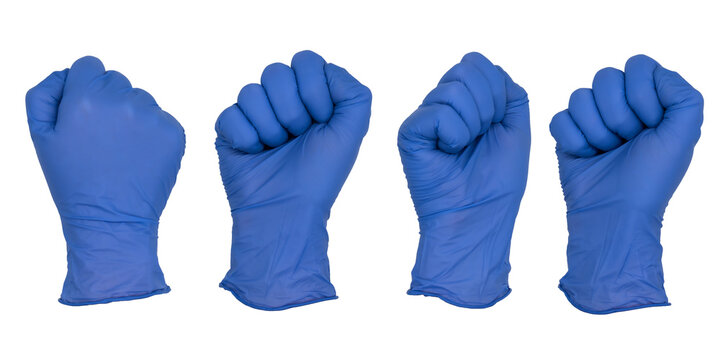 Hand wearing blue nitrile examination glove makes a fist. Various angles