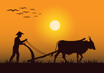stock vector silhouette farmer plowing cow in the field graphic illustration