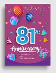 81st Years Anniversary invitation Design, with gift box and balloons, ribbon, Colorful Vector template elements for birthday celebration party.
