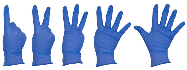 Hand wearing blue nitrile examination glove. Various isolated views of the back of a woman's hand, using fingers to count from 1 to 5