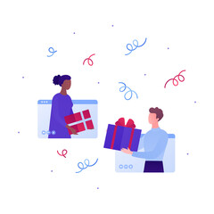 Online shopping and global gift delivery service concept. Vector flat people illustration. Man and woman app screen hold giftbox. Design for ecommerce banner, web holiday sale ad