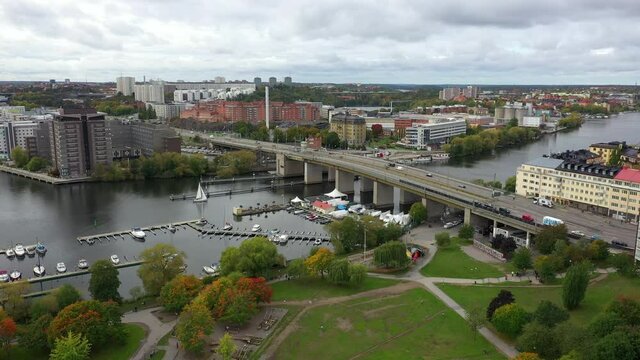 Aerial view of the bridge "Liljeholmsbron" on Sodermalm in Stockholm
