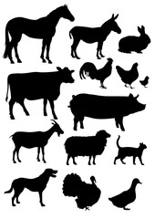 stock vector set farm animals silhouettes collection Isolated on white