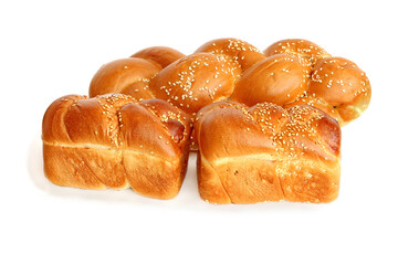 Long loaf and small loaves bread isolated on white