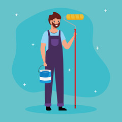 painter man with roll and bucket design of remodeling construction working and repairing theme Vector illustration