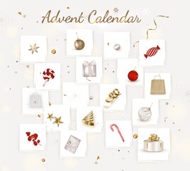 Christmas advent calendar. Paper sheets with Christmas decoration, on a white. New Year 2021 greeting card.Vector.