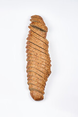 Sliced wheat bread. Freshly baked gluten-free homemade bread on a white background. Top view