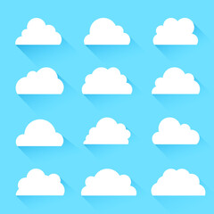 White clouds icons 12 unique styles. Flat cartoon with long shadow on blue background