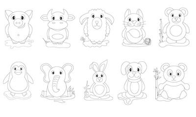 set of vector illustrations of cartoon animals. Coloring book for children. Cute characters for cards, invitations, labels for children's holidays. 