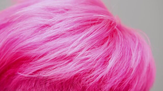 Young beautiful girl with a short haircut and pink hair. A homosexual lesbian model poses on a white background in the studio.