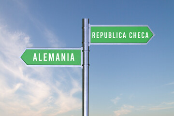 Sign indicating the direction of the borders between two countries Republica Checa, Alemania,Germany, Czech Republic ,  3d render.