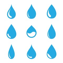 Blue water drop icons on blank background. Droplet water shapes collection.