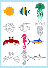 Fototapeta premium Set of cute marine animals illustrations for coloring page or book. Black outline and color elements isolated on white. Vector drawing.