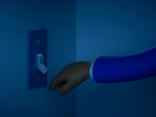 3d render, cartoon character hand in the dark room, electrical light switcher on the wall. Light off. Economical consumption of electricity