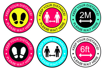 Covid 19 floor sticker  of footprint sign  with text keep your distance, 6 different social distancing for print floor. Social distancing concept. 