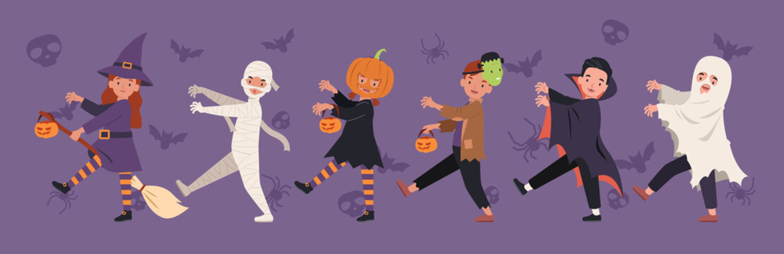 Halloween parade, children in monster costume walking together. Vector illustration in a flat style