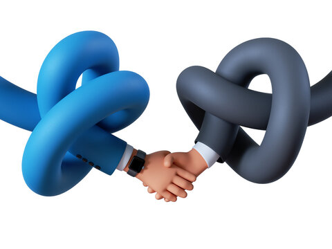 3d render, cartoon character tangled and knotted boneless flexible hands. Handshake. Partnership concept, business clip art isolated on white background