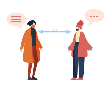 Two people greeting each other while keeping social distance to prevent covid19 transmission. Flat design illustration.