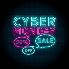 Cyber Monday banner. Big sale retro neon poster 