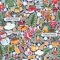 Vector seamless pattern with colorful illustrations of Christmas items. Use it for textile print, pattern fills, web page, wrapping paper, design of presentation and other graphic design