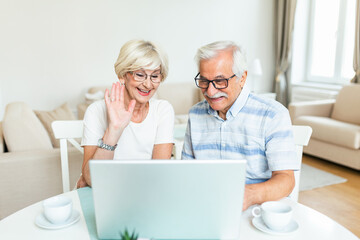 Fototapeta premium Happy old family couple talking with friends and family using laptop , surprised excited senior woman looking at computer waving and smiling.