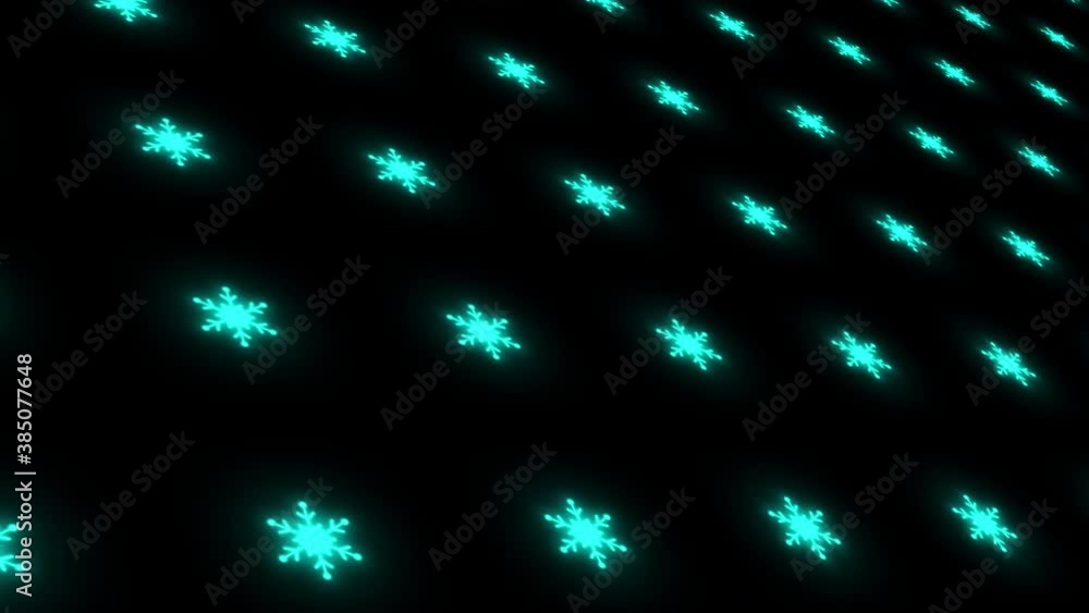 Poster blue snowflakes on dark background are changed size with perspective motion. looping realistic anima