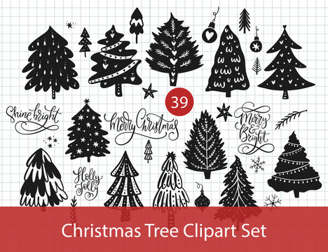 Set Of Christmas Trees. Christmas Vector Tree Set In Simple Style. Winter Illustrations With Merry Christmas Quotes. Xmas Collection.