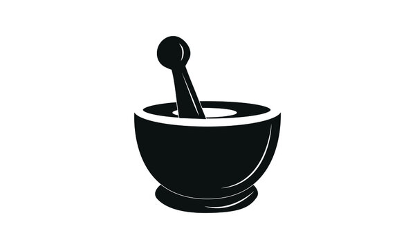 Pharmacy icon. Herbal pharmacy symbol in black on a white background. Linear illustration of mortar icon with bowl, ground spices, spice solution, condiments, spice bowl, ground spices.