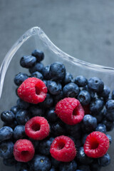 close up of a bowl of blueberries and raspberries