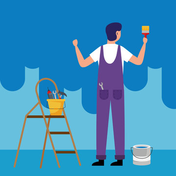 painter man with brush and tools bucket on ladder design of remodeling construction working and repairing theme Vector illustration