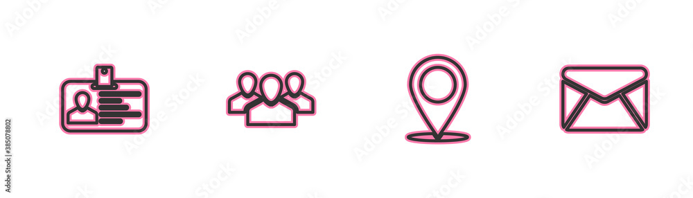 Aufkleber set line identification badge, map pin, users group and envelope icon. vector.
