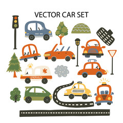 Obraz na płótnie Canvas Car taxi, tree, traffic lights, emergency car vector illustration for baby boy shirt and room designs. Cute vehicle on a road travel poster. Kid auto card.