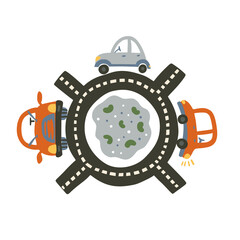 Cars on a rod near the lake, vector illustration for baby boy shirt and room designs. Cute vehicle on a road travel poster. Kid auto card.